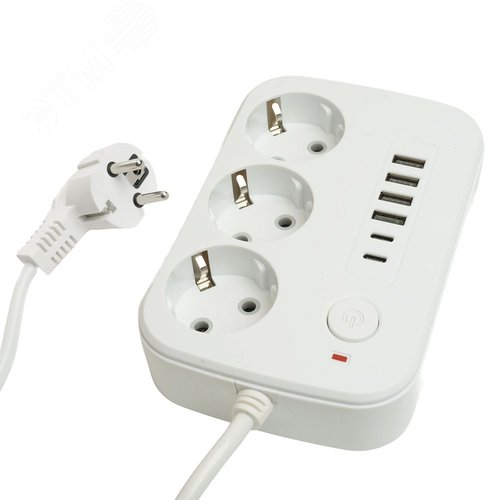 Удлинитель 3-местный c/з 3x1 мм2 3 м 250В 10А 4USB+2Type-C 2.4А Home белый