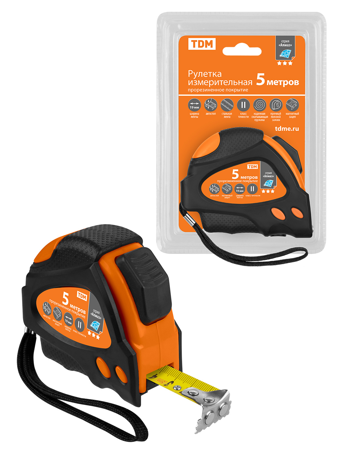 Рулетка 5 м х 19 мм, тройная фиксация, автостоп, обрезиненный корпус, магнит, "Алмаз" TDM