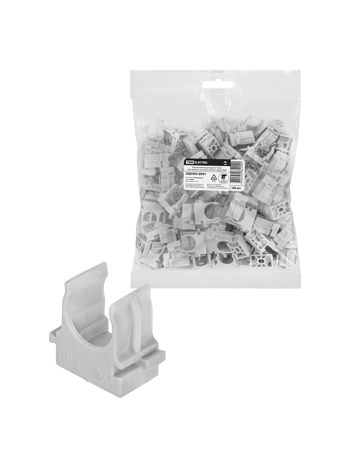 Крепеж-клипса для трубы 16 мм для прямого монтажа (100 шт.) серая TDM