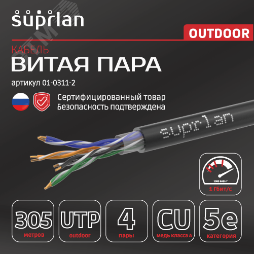 Витая пара U/UTP кат 5e 4x2x0.51 Premium Cu PE OUT 305м