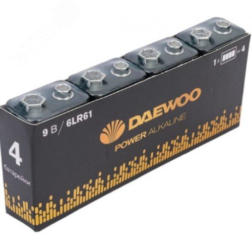 Элемент питания  6F22 9V DAEWOO солевая Power Alkaline,  упаковка 4 шт.