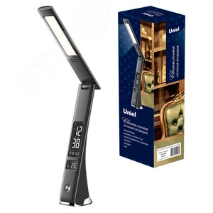 Светильник TLD-567 Black/LED/300Lm/4500K/Dimmer настольный c часами, календарем, термометром, 6W. Встроенный аккумулятор 2000mAh. Сенсорный выключатель. Диммер. Черный.