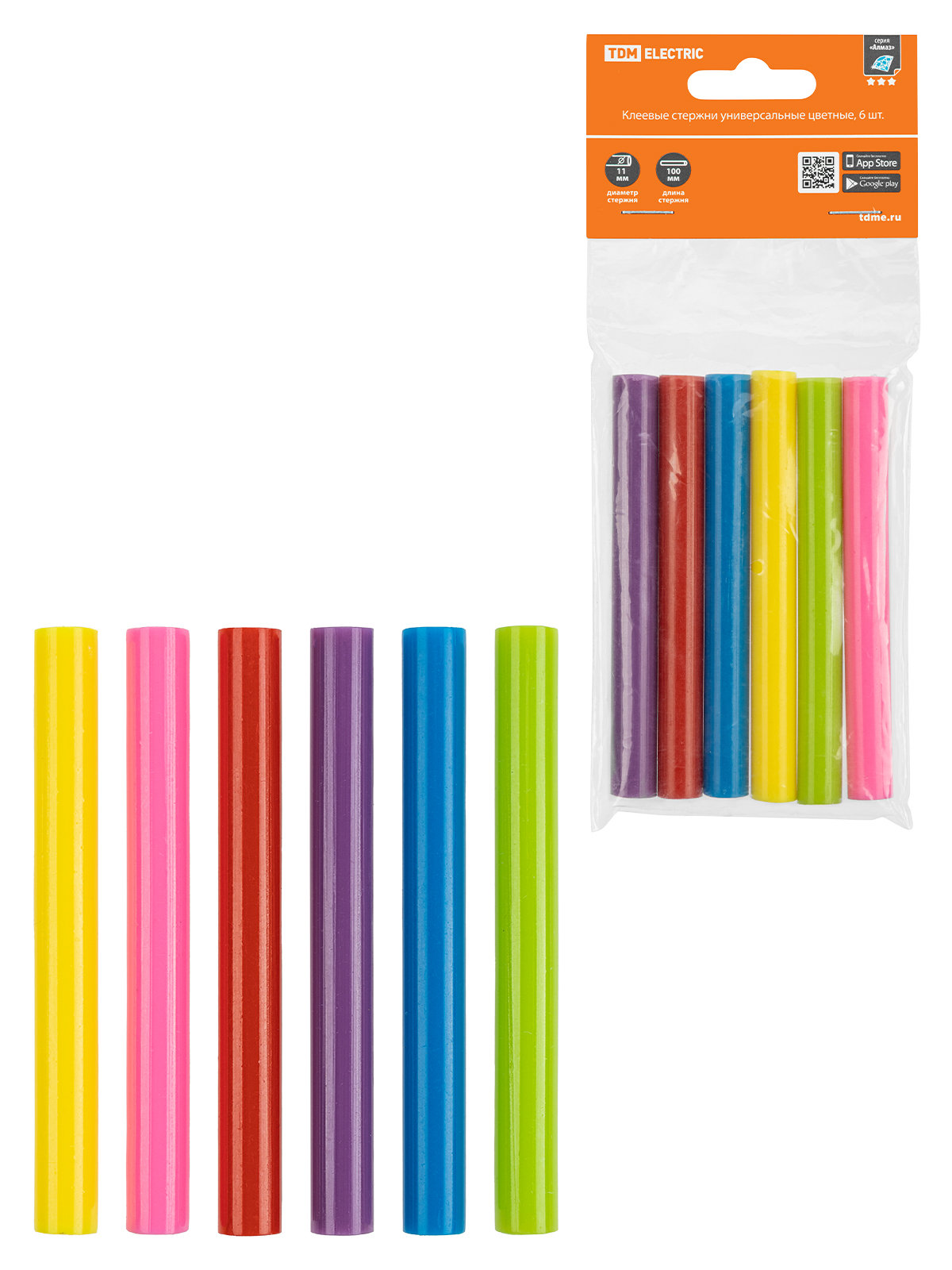 Клеевые стержни универсальные цветные, 11 мм x 100 мм, набор 6 шт, "Алмаз" TDM