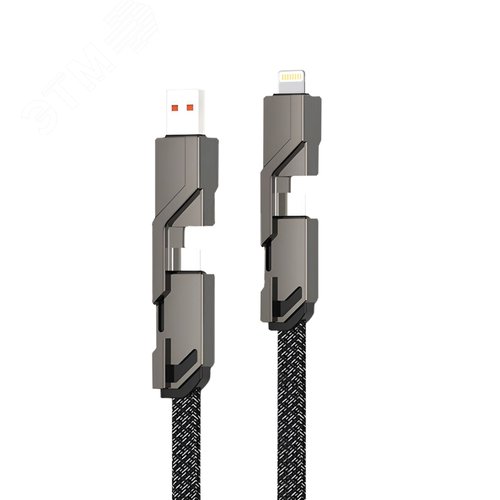 Кабель 4в1 USB-А - Lightning - 2xType-C 60Вт 1 м, в черной оплетке