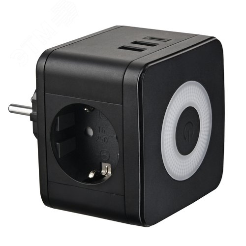 Разветвитель сетевой с выключателем с заземлением 2 гнезда 2USB+1TYPE C 16А 3500Вт Черный ТМ S-GES2-16SBUC BLACK