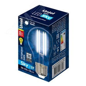 Лампа светодиодная LED 8вт 200-250В форма А прозрачное 800Лм E27 4000К Sky филамент