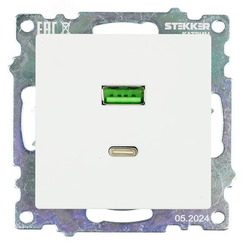 Розетка 2-местная USB+TypeC (механизм) 250В 3А max 20W серия Катрин белый STEKKER