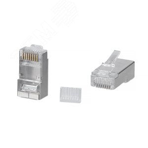 Коннектор RJ-45 под витую пару, категория 6, экр анированный, универсальный (для одножильного и многожильного кабеля), для проводников с толщиной по изоляции до 1,05 мм, со вставкой