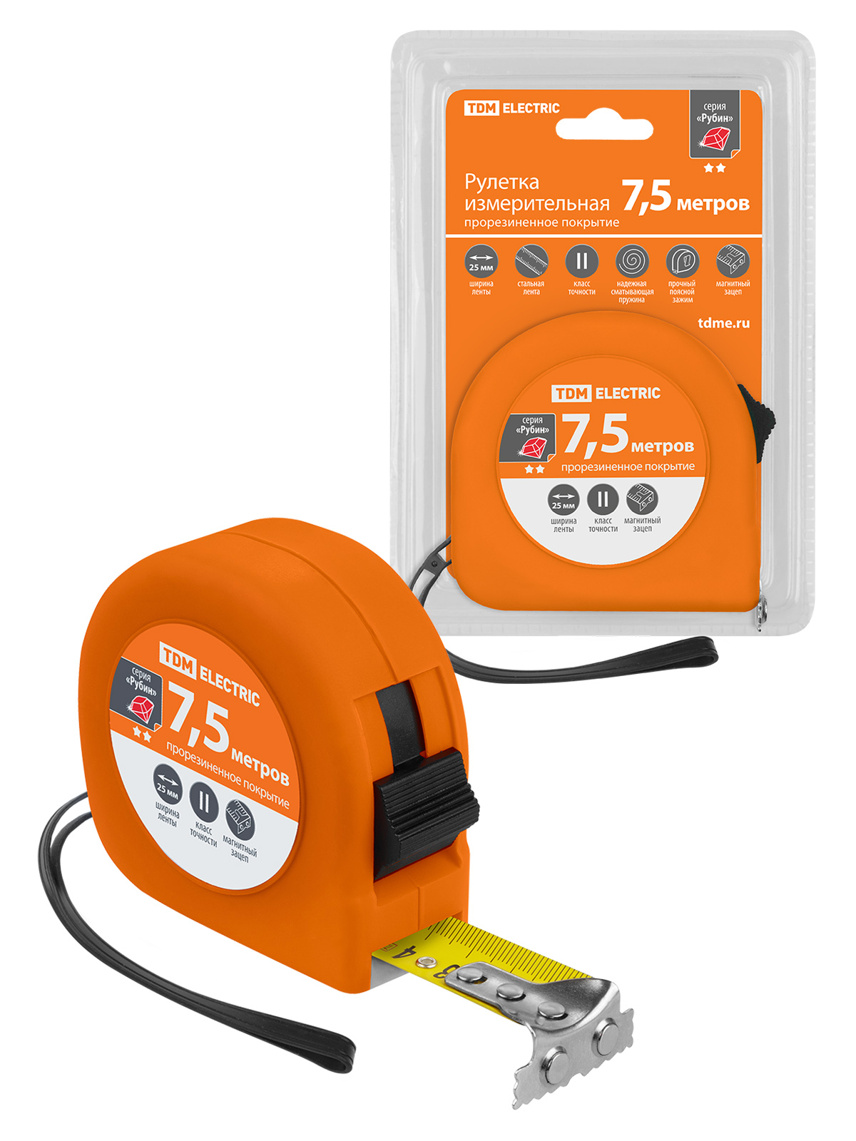 Рулетка, длина 7.5 м, стальная лента, ширина 25 мм, прорезиненное покрытие, магнит, "Рубин" TDM