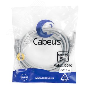 Патч-корд U/UTP, категория 5е, 2xRJ45/8p8c, неэкранированный, серый, PVC, 3м