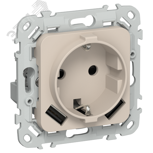 FLITE Розетка 1-местная с заземлением с защитными шторками 16А с USB A+A 3,1А безвинтовое крепление РСЮша11-1-ФлЛ льняной IEK