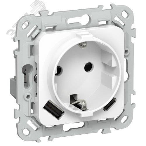 FLITE Розетка 1-местная с заземлением с защитными шторками 16А с USB A+C 20Вт безвинтовое крепление РСЮшс11-1-ФлБ белый IEK