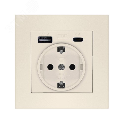 Розетка скрытой установки, с заземлением, c USB Type-A 2,4А+ Type-C 4A серия Афина , 220В, механизм, слоновая кость