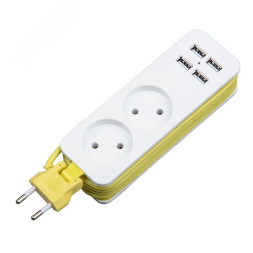 Удлинитель Travel шнур 1,5м 2 гнезда 10А без заземления 4 USB 2,1А белый с салатовым ТМ S-CT2-1,5U WHITE/GREEN