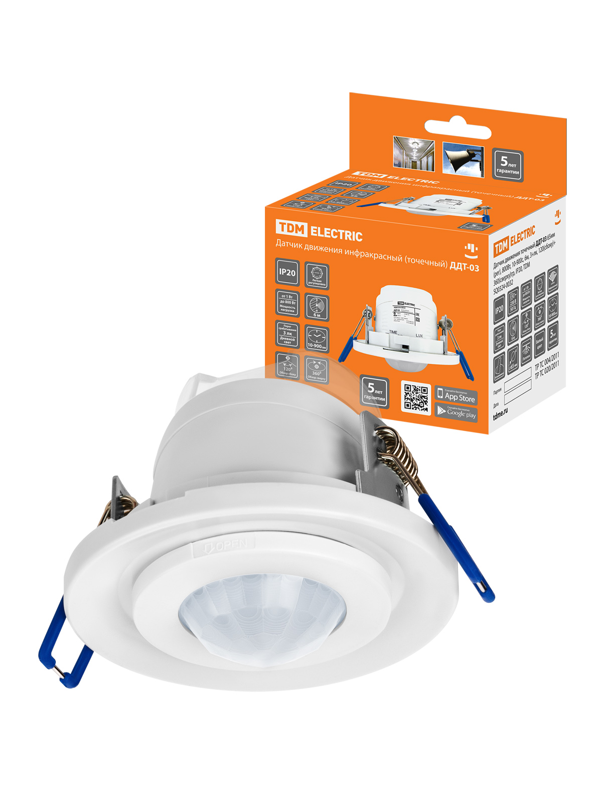 Датчик движения точечный ДДТ-03 65мм (рег), 800Вт, 10-900с, 6м, 3+лк, 120(сбоку)+360(сверху)гр, IP20, TDM