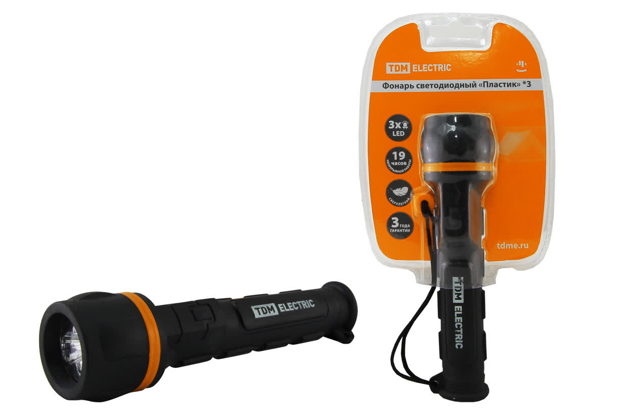 Фонарь светодиодный "Пластик", обрезиненный, 3 светодиода 9 лм/Вт, батареи типа 2*AA (в комплект не входят) TDM