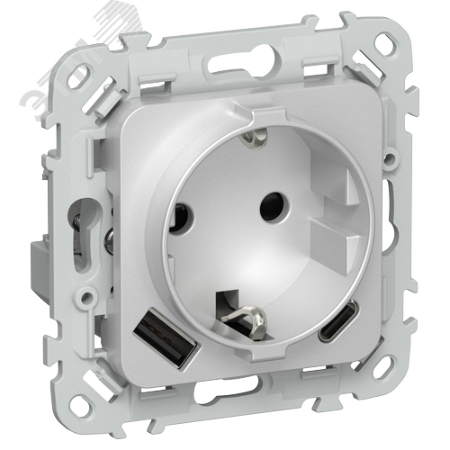 FLITE Розетка 1-местная с заземлением с защитными шторками 16А с USB A+C 20Вт безвинтовое крепление РСЮшс11-1-ФлА алюминий IEK