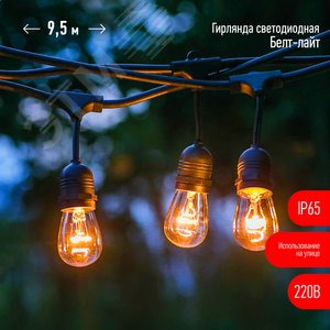 Гирлянда нить Филамент 2, 9,5 м, длина провода 60 см, 20 LED, теплый белый, E27, каучук, 220В, IP44 ERABL-FIL2