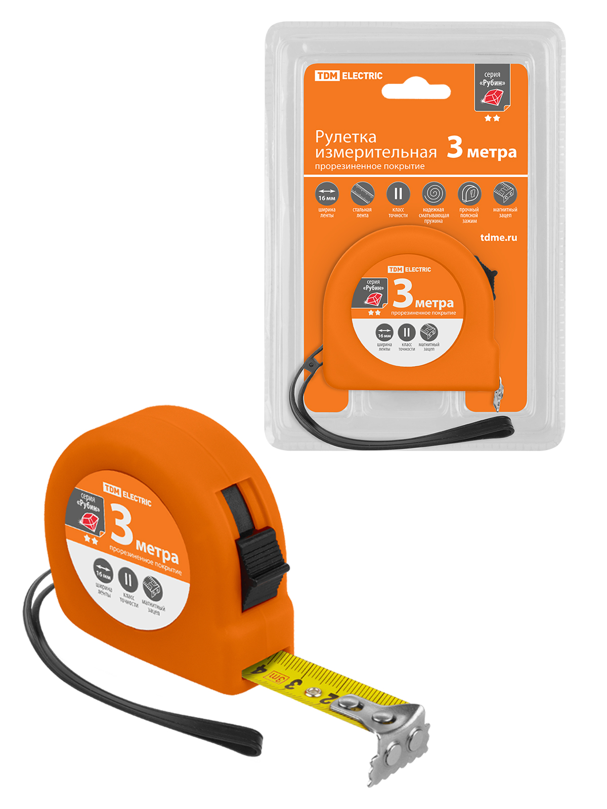 Рулетка, длина 3 м, стальная лента, ширина 16 мм, прорезиненное покрытие, магнит, "Рубин" TDM