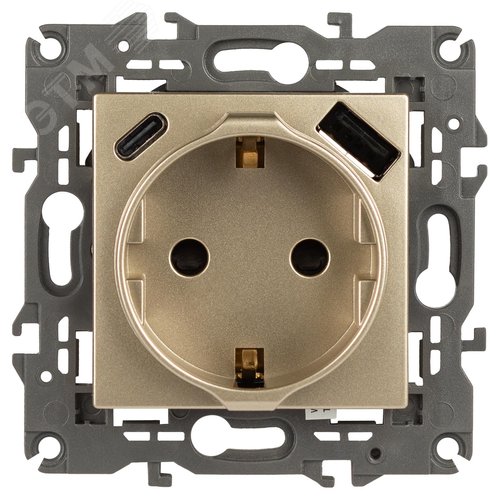 Розетка Elegance 14-4108-04 со шторками, 2P+E 16A-250В, с USB type-A+C 5В-3А, шампань