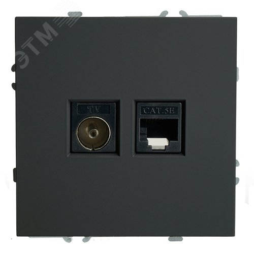 Розетка TV + компьютерная RJ-45 (механизм),, серия Эмили, черный уголь, soft touch