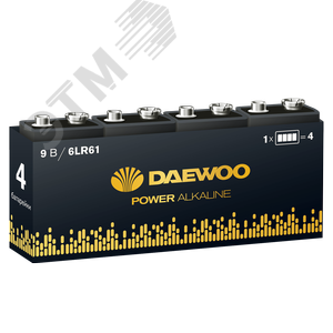 Элемент питания  6F22 9V DAEWOO солевая Power Alkaline,  упаковка 4 шт.