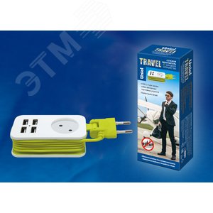 Удлинитель серии Travel, шнур 1,5м., 1 гнездо, 10A, б/з, 4USB(2,1A). Белый с салатовым  S-CT1-1,5U WHITE/GREEN