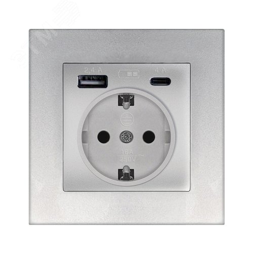 Розетка скрытой установки, с заземлением, c USB Type-A 2,4А+ Type-C 4A серия Афина , 220В, механизм, серебро