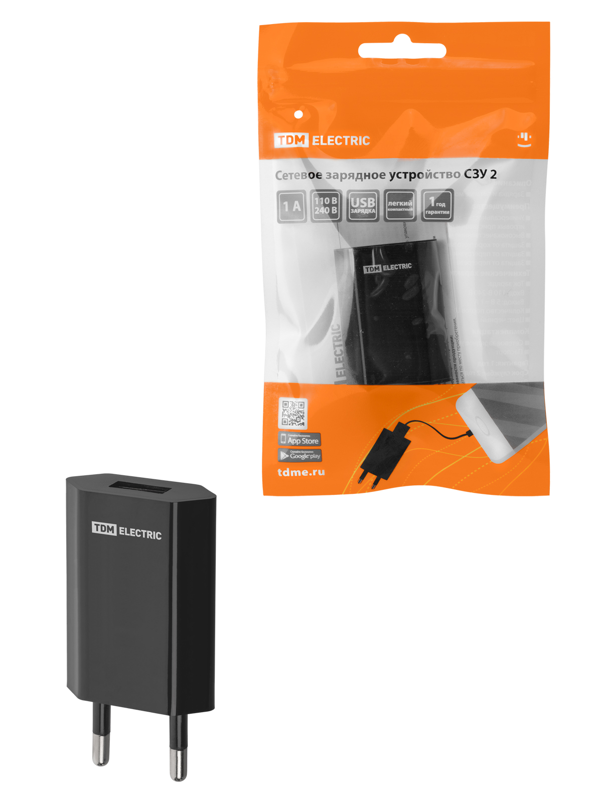 Сетевое зарядное устройство, СЗУ 2, 1 А, 1 USB, черный, TDM