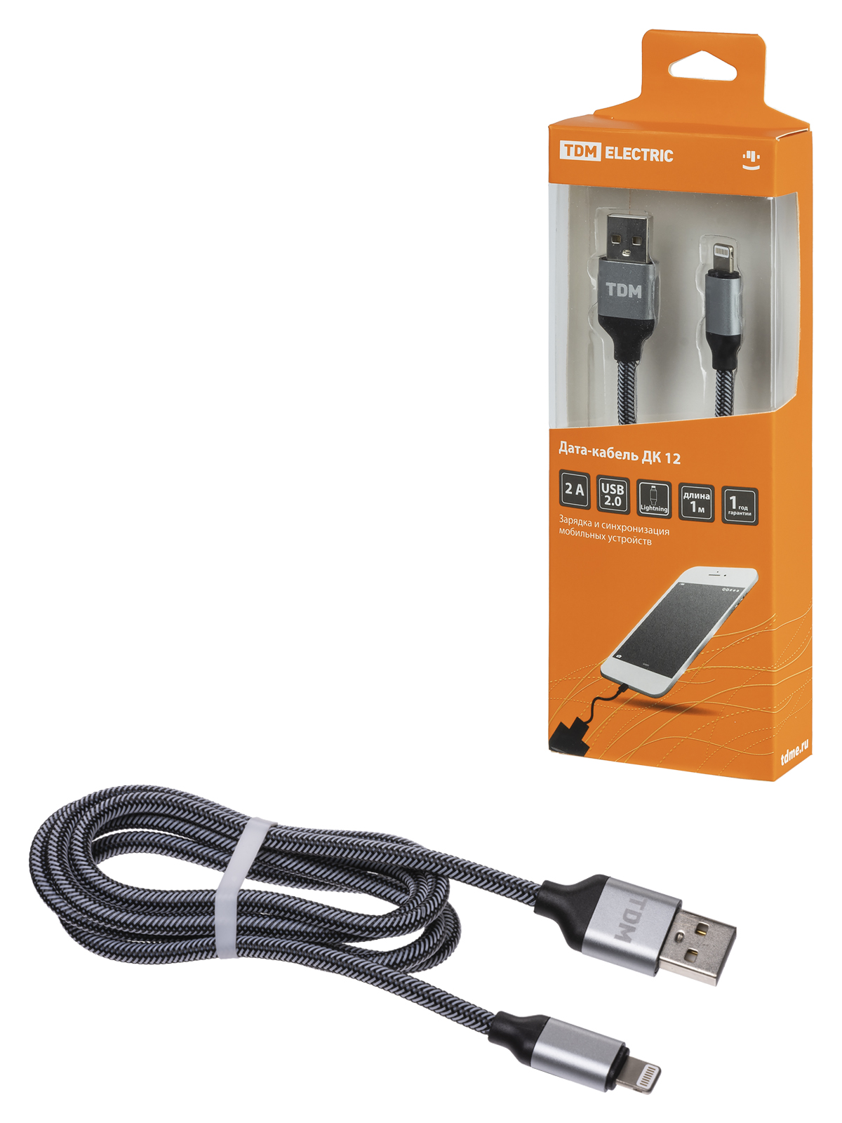 Дата-кабель, ДК 12, USB - Lightning, 1 м, тканевая оплетка, серый, TDM