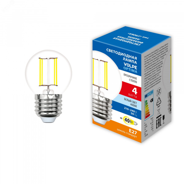 Лампа светодиодная. LED-G45-4W/4000K/E27/CL/SLF Форма шар, прозрачная. Белый свет (4000K). ТМ Volpe