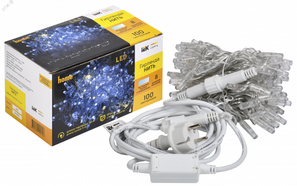 LIGHTING Гирлянда нить 10м 100 светодиодов белый свет IP44 прозрачный шнур 3м 230В мерцание транзит IEK