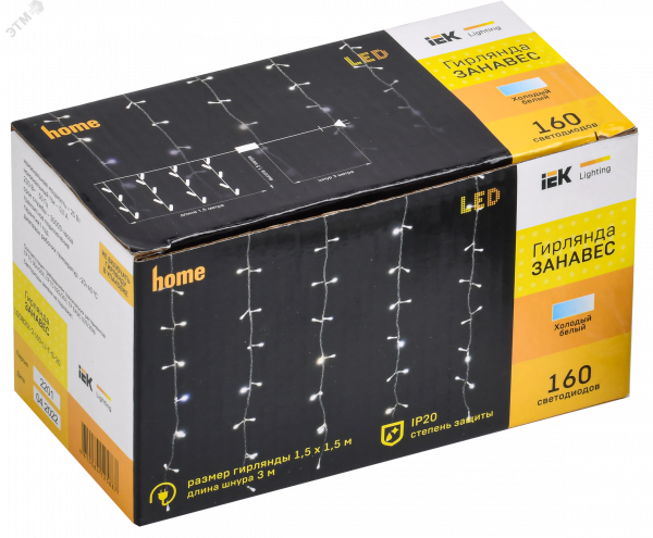 LIGHTING Гирлянда занавес 1,5х1,5м 160 светодиодов белый свет IP20 прозрачный шнур 3м 230В транзит IEK