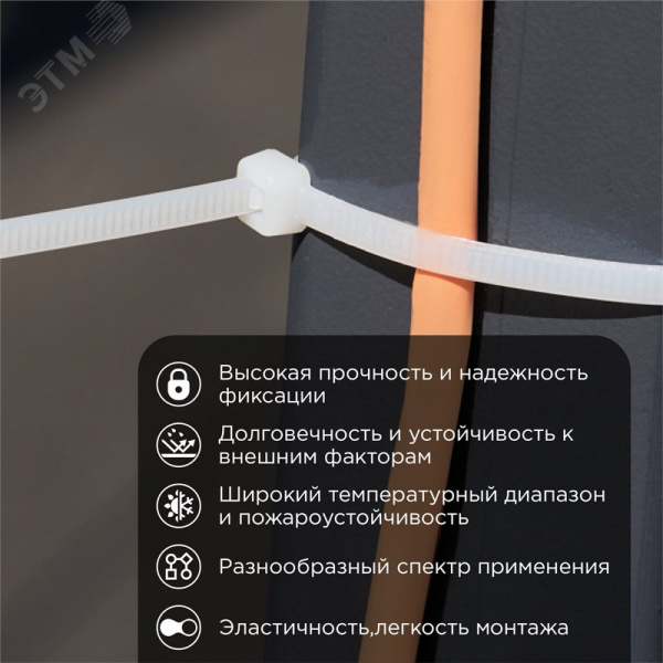 Хомут-стяжка кабельная нейлоновая 250x4,8 мм, белая, 100 шт