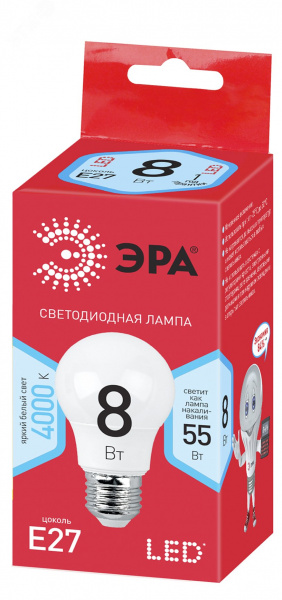Лампа светодиодная LED 8 Вт 640Лм 4000К груша нейтральный E27 220-240В LED A55-8W-840-E27 Red Line