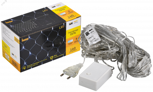 LIGHTING Гирлянда сеть 1,5х1,5м 160 светодиодов белый свет IP20 прозрачный шнур 3м 230В контроллер 8 сцен IEK