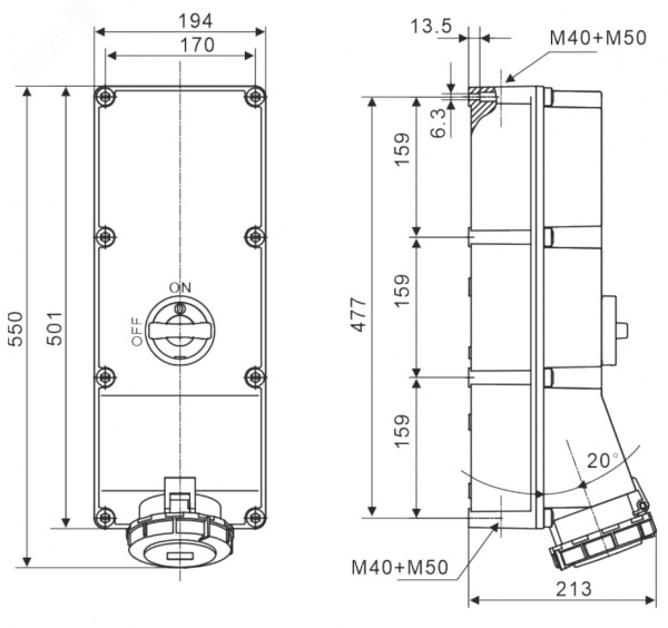 Розетка наружной установки IP67 125А 2P+E 230В с механической блокировкой и боковым расположением разъема