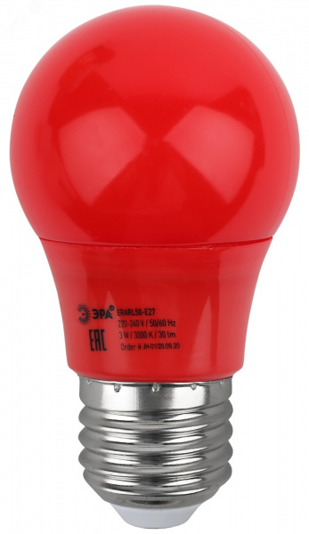 Лампа светодиодная декоративная LED 3 Вт 30Лм 3000К груша красный, белт-лайт E27 220-240В ERARL50-E27