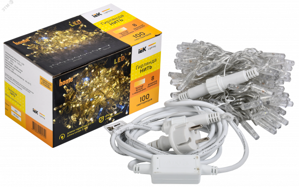 LIGHTING Гирлянда нить 10м 100 светодиодов теплый белый свет IP44 прозрачный шнур 3м 230В мерцание транзит IEK