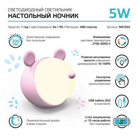 Светильник ночник настольный 5 Вт 200 лм 2700-6000К DC 5В Розовый IP20 100х100х109мм с Li-ion акк 1200мА диммируемый Qplus Gauss