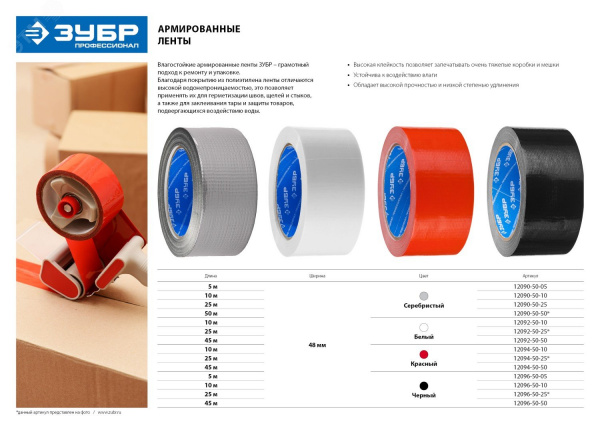 Лента армированная, Профессионал 12096-50-25, универсальная, влагостойкая, 48мм х 25м, черная