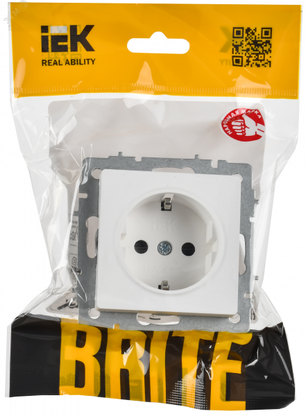 BRITE Розетка 1-местная с заземлением с защитными шторками 16А безвинтовое крепление РС24-1-0-БрАБ арктический белый IEK