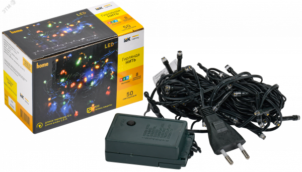 LIGHTING Гирлянда нить 5м 50 светодиодов RGB IP20 зеленый шнур 1,5м 230В контроллер 8 сцен IEK