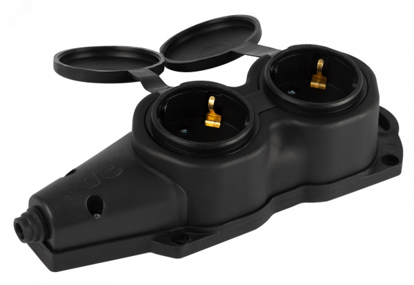 Колодка каучуковая с заземлением 2 розетки 16A IP44 черная KX-2e-B-IP44