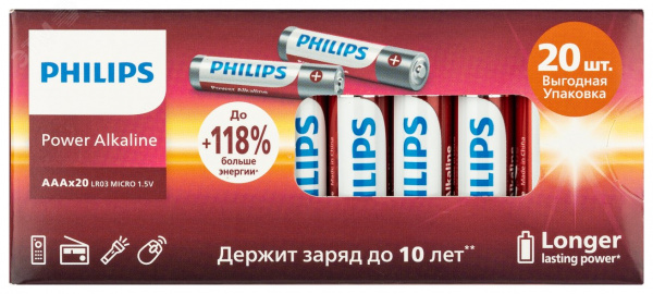 Элемент питания алкалиновый LR03P20BX/51 ААА 1,5v 20 шт. LR03-20BL Power