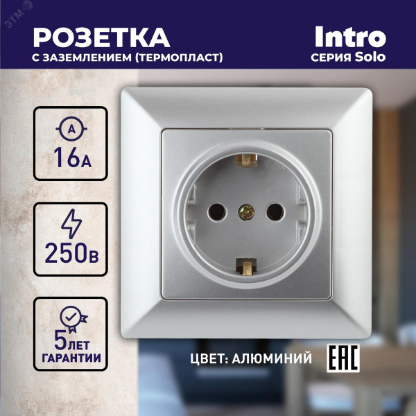 Розетка 2P+E Schuko, 16А-250В, СУ, Solo, алюминий, 4-202-03