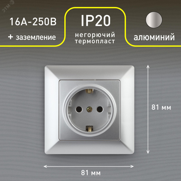 Розетка 2P+E Schuko, 16А-250В, СУ, Solo, алюминий, 4-202-03