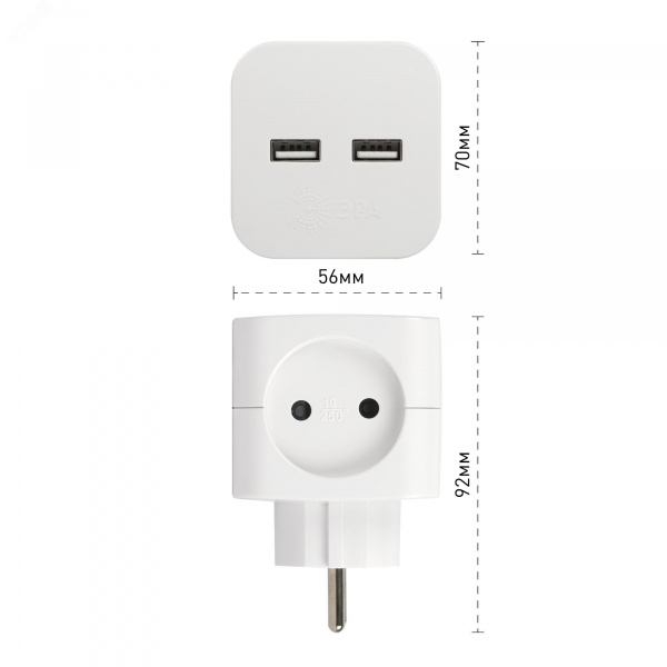 Разветвитель электрический SP-2-USB-W на 2 розетки + 2xUSB 2400mA, без заземл 10А (белый)