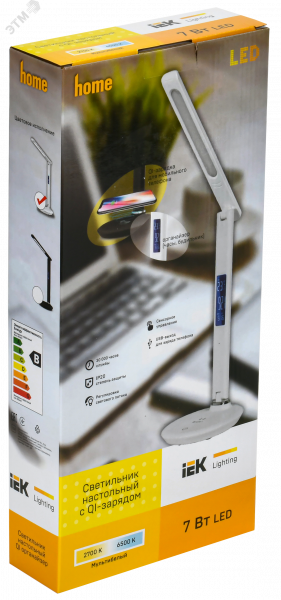 LIGHTING Светильник светодиодный настольный 2011 7Вт на подставке QI-заряд USB-выход кожа белый IEK