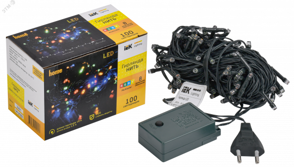 LIGHTING Гирлянда нить 10м 100 светодиодов RGB IP20 зеленый шнур 1,5м 230В контроллер 8 сцен IEK